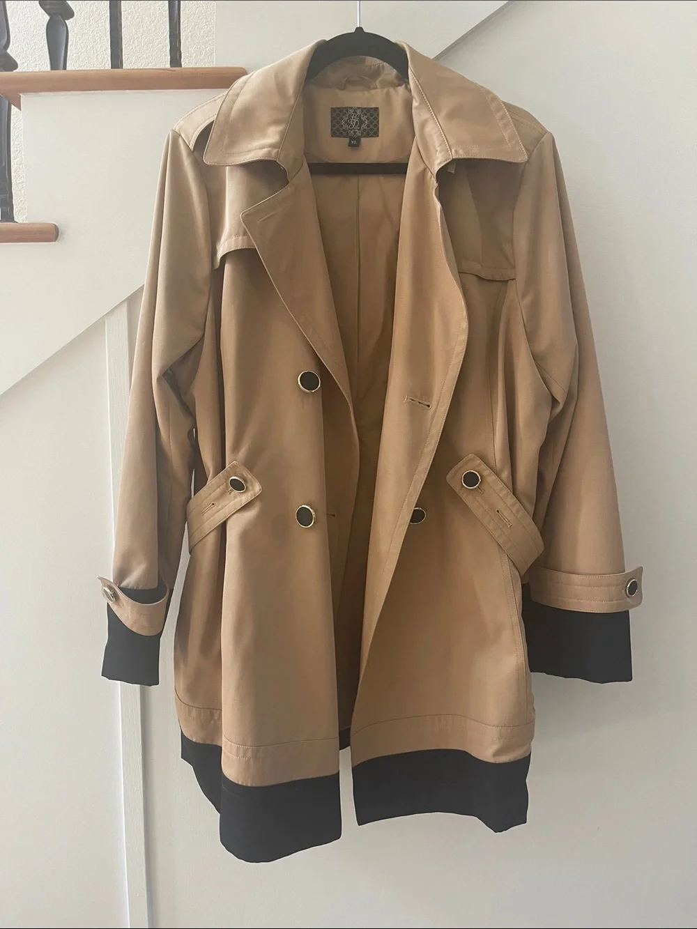 BGSD Classic Beige Trench Coat with Black Contrast Cuffs and Hood NWOT Size XL